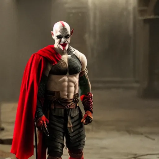 Image similar to film still of kratos as the joker in the new batman movie