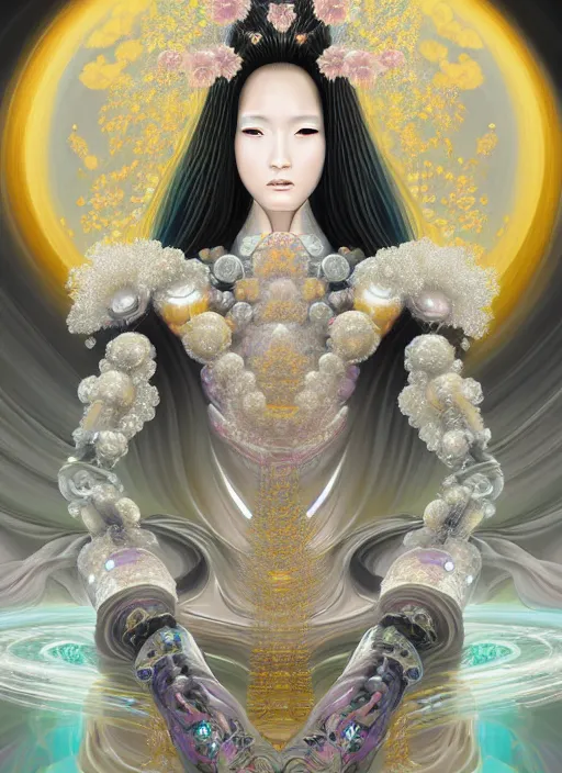 Prompt: porttait of a beautiful celestial Brazilian Japanese pearlescent multiversal Goddess wearing a futuristic luxurious Renaissance suit exposed in cryo chambers, ethereal and mecha theme, intricate, elegant, highly detailed, centered, digital painting, lush Japanese landscape, sakura season, Kyoto inspired, artstation, concept art, smooth, sharp focus, illustration, by James Jean, close-up, feminine slim figure, fancy