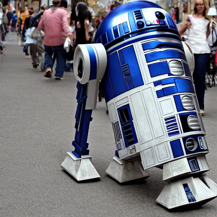 Prompt: r 2 d 2 walking around town with arms and legs