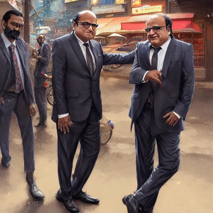 Prompt: a tall indian man in a suit and danny devito outside a bar, elegant, real life skin, intricate artwork, high detailed, artstation, concept art, smooth, sharp focus, art by artgerm and greg rutkowski