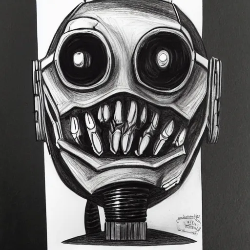 Image similar to a scary horror themed robot, drawn with charcoal and pen and ink