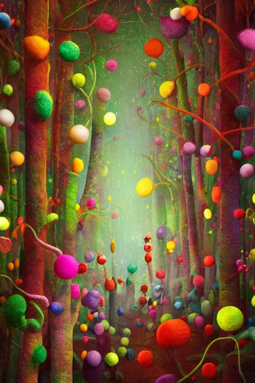 Prompt: a matte digital painting of a candy forest at night, bokeh, bright colours, watercolor, volumetric wool felting, macro photography, children illustration, by alex grey and goro fujita