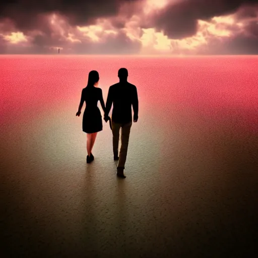 Prompt: couple walking hand in hand, in heaven and hell at the same time, surrealistic realistic octane render, detailed