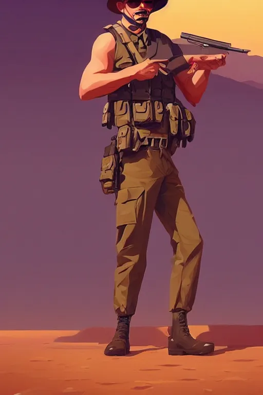 Image similar to funny drunk soldier with revolver in his hand in the desert, smooth face, centered median photoshop filter cutout vector behance hd by artgerm, jesper ejsing, by rhads, makoto shinkai and lois van baarle, ilya kuvshinov, rossdraws, illustration, art by ilya kuvshinov and gustav klimt