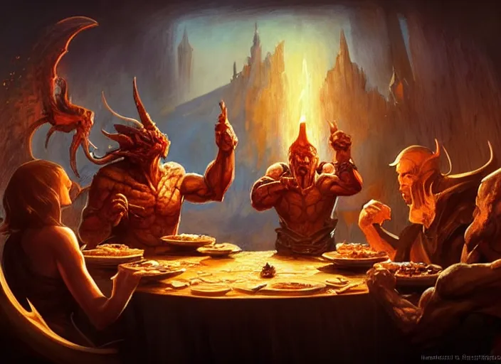 Prompt: a giant magical piece of toast at the head of the dinner table, all the dinner guests looking toward the toast, by marco bucci and frank frazetta, magic : the gathering fantasy concept art, high resolution, fantasy coloring, intricate, digital painting, artstation, smooth, sharp focus