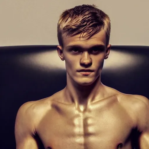 Image similar to a realistic detailed photo of a guy who is an attractive humanoid who is half robot and half humanoid, who is a male android, soccer player martin ødegaard, shiny skin, posing like a statue, blank stare, in a living room, on display, showing off his muscles, gold soccer shorts