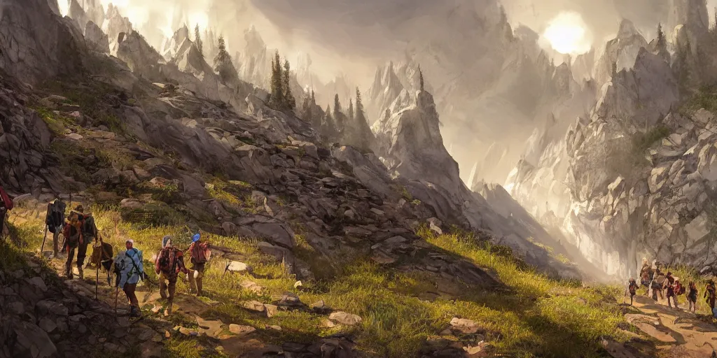 Image similar to A group of travelers making their way up a mountain trail. Wide, concept art, fantasy.