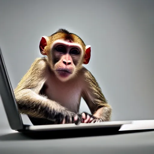 Image similar to award winning photo of a monkey curiously looking at a laptop. Studio photography