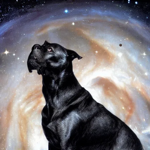 Prompt: an extremely detailed telescope photograph of a magnificent dog artwork by hr giger. anatomically perfect! dog. focus on the dog's head. the whole dog is visible in frame. space nebula's and galaxies in the background. trending on artstation, impressive lighting, casting dark grainy shadows, gloomy, 8 k
