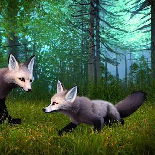 Image similar to second life in game screenshot of black foxes cuddling next to each other in a beautiful fantasy forest lit with fireflies, 3 d render, octane engine, unreal engine 4, 4 k screenshot