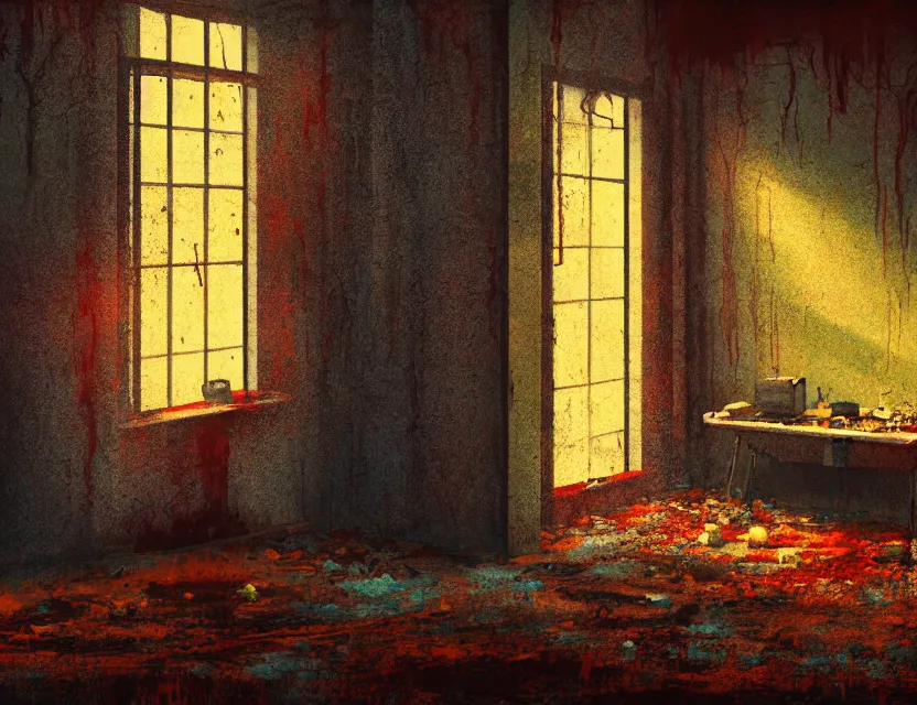 Prompt: psychological horror movie still, abandoned laboratory. complementary colors, oil painting, indie concept art, bloom, chiaroscuro, backlighting, intricate details.