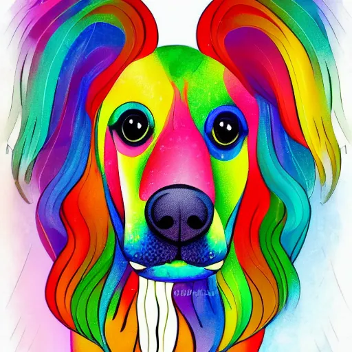 Image similar to portrait friendly cute happy stylish realistic rainbow dog. background in the style of art nouveau. lively. colorful. hd.