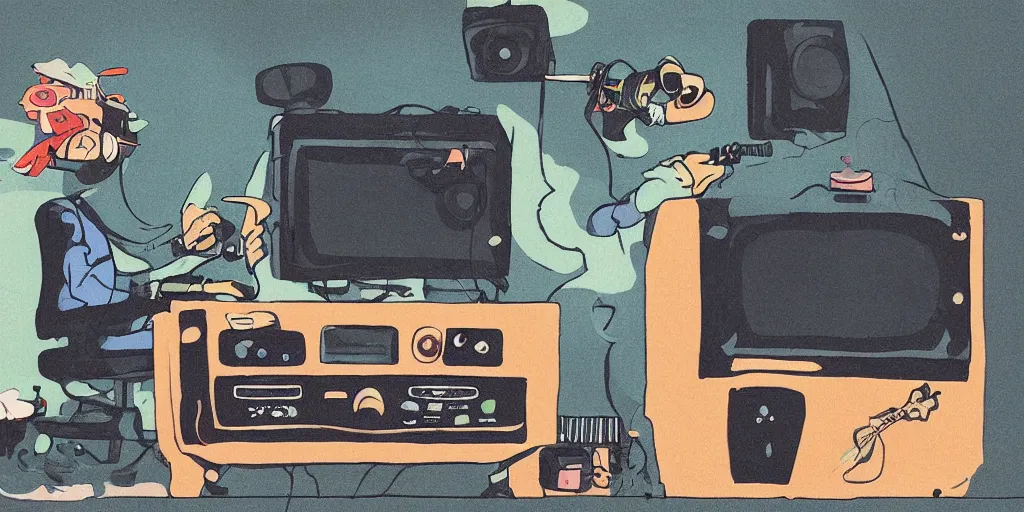 Prompt: ' black frog '!!!!! smoking'cannabis!!!!!!'in front of'radio console '!!!! and'multi monitors!!!!!!'in a tv broadcasting studio, artwork by james gilleard