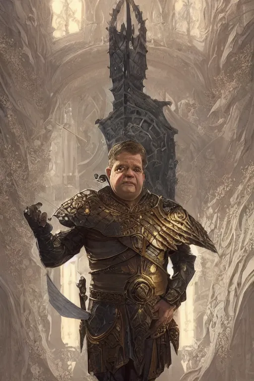 Prompt: patton oswalt as a knight, in his 5 0 s, fantasy, intricate, elegant, highly detailed, digital painting, artstation, concept art, matte, sharp focus, illustration, art by artgerm and greg rutkowski and alphonse mucha