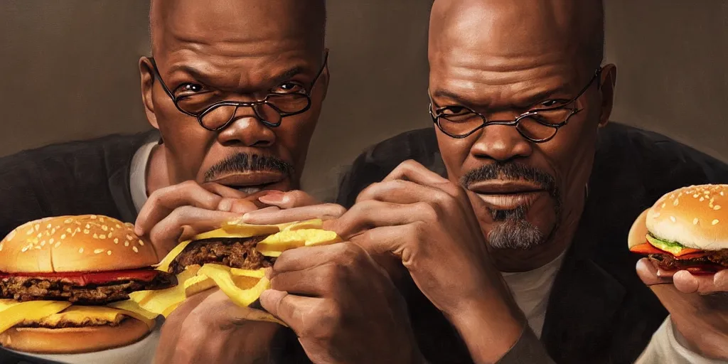 Prompt: highly detailed portrait painting of samuel l jackson eating burger in russia, perfect symmetrical eyes, by eddie mendoza and tyler edlin, 8 k resolution