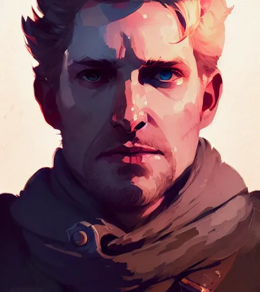 Image similar to portrait of cullen from dragon age near campfire by atey ghailan, by greg rutkowski, by greg tocchini, by james gilleard, by joe fenton, by kaethe butcher, dynamic lighting, gradient light blue, brown, blonde cream and white color scheme, grunge aesthetic