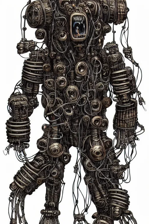 Image similar to wild monstorous anthropomorphic biomechanical bear warrior wearing dreadlocks made of cables and wires. Upgraded with hightech cyberwares. huge, big, giant bear human hybrid, mecha animal, tall, detailed woodcut armor, terrifying and dangerous, scary, beautiful, steampunk monster android hybrid art portrait, matte scifi fantasy painting, half robot half bear. DeviantArt Artstation, by Jason Felix by Steve Argyle by Tyler Jacobson by Peter Mohrbacher, cinematic lighting