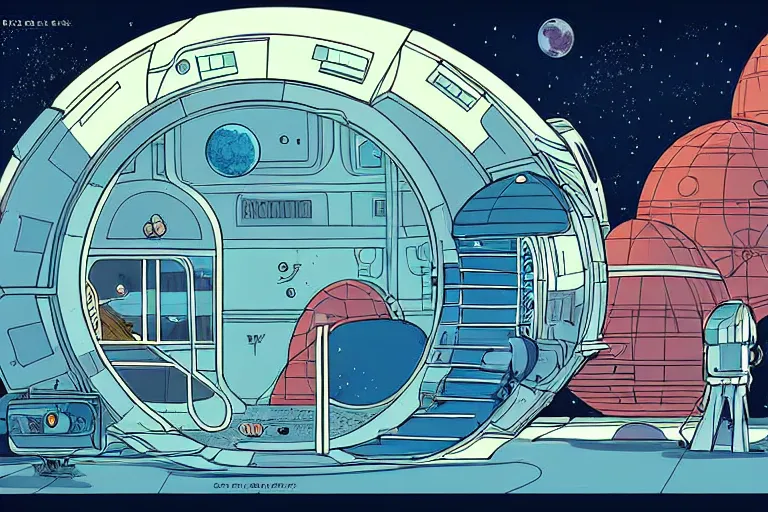 Image similar to a scifi illustration, hyper detailed external view of a lunar colony. cinematic wes anderson composition. flat colors, limited palette in FANTASTIC PLANET La planète sauvage animation by René Laloux