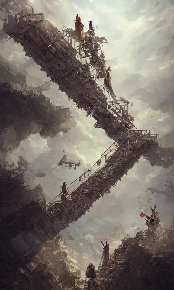 Image similar to endless stairs made of books leading to heaven, sky full of clouds, art by greg rutkowski and peter mohrbacher, featured in artstation, octane render, cinematic, elegant, intricate, ultra detailed, rule of thirds, professional lighting, unreal engine, fantasy, concept art, sharp focus, illustration, 8 k