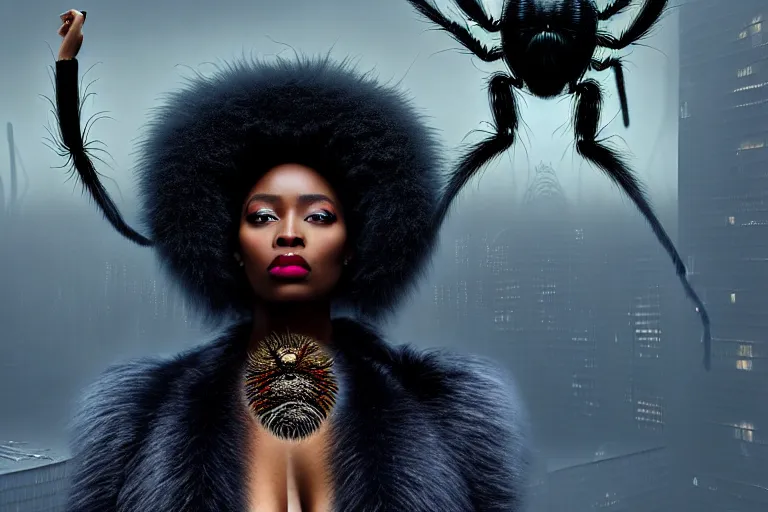 Prompt: realistic detailed photorealistic portrait movie shot of a beautiful black woman in a fur coat with a giant spider, dystopian city landscape background by denis villeneuve, amano, yves tanguy, alphonse mucha, ernst haeckel, david lynch, edward robert hughes, roger dean, cyber necklace, rich moody colours, cyber patterns, wide angle