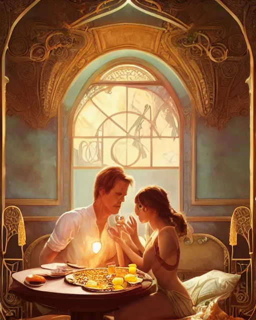 Image similar to kevin bacon eating fried eggs ana de armas serving him his eggs, highly detailed, gold filigree, romantic storybook fantasy, soft cinematic lighting, award, disney concept art watercolor illustration by mandy jurgens and alphonse mucha and alena aenami, pastel color palette, featured on artstation