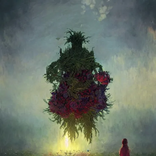 Image similar to a gigantic beautiful terrifying monster made of flowers looms over a tiny human. ethereal horror fantasy art by greg rutkowski and raymond swanland and monet