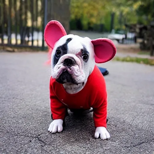 Image similar to a french bull dog dressed as eleven from stranger things