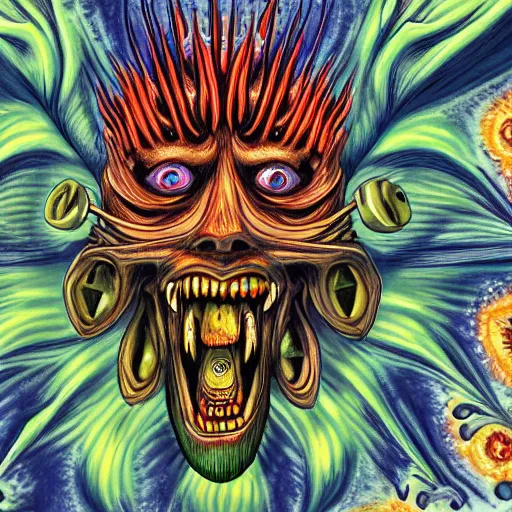 Prompt: a mad psy monster with dreadlocks wo sharp heads that look sternly at each other, it has several eyes and scales on the misshapen body, psychedelic cosmic horror,