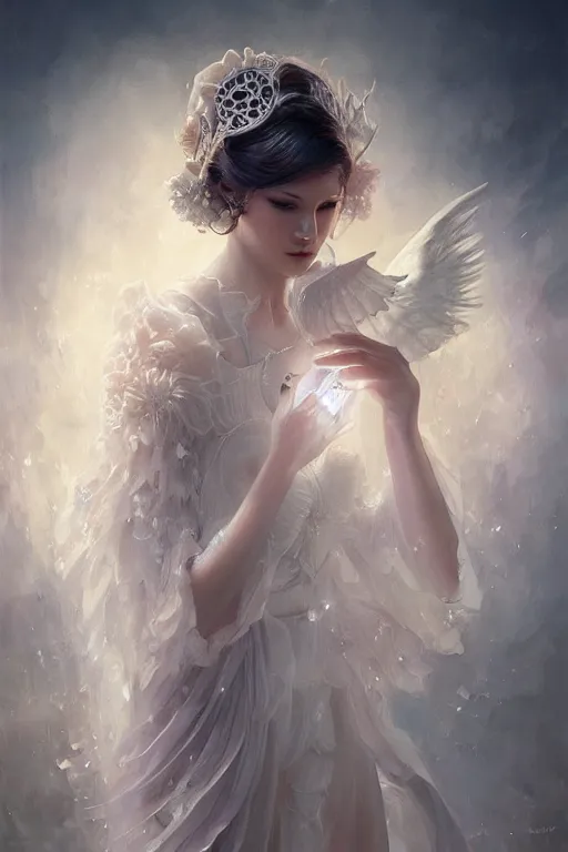 Image similar to beautiful ghost model wearing crystal white dress, holding book, rest face expression, diamonds, angel, fantasy, dramatic lighting, highly detailed, digital painting, magic the gathering, hyper detailed, 3 d render, hyper realistic detailed portrait, peter mohrbacher, wlop, ruan jia