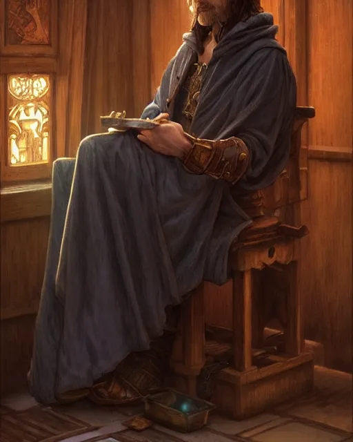 Image similar to a d & d rogue wearing robes, sitting alone in a dim tavern, fantasy character portrait, ultra realistic, intricate, elegant, highly detailed, digital painting, artstaion, smooth, sharp, focus, illustration, art by artgerm and greg rutkowski and alphonse mucha