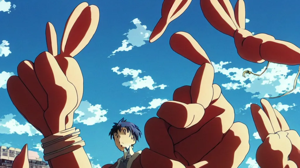 Image similar to a giant statue of a rabbits foot, anime film still from the an anime directed by Katsuhiro Otomo with art direction by Salvador Dalí, wide lens