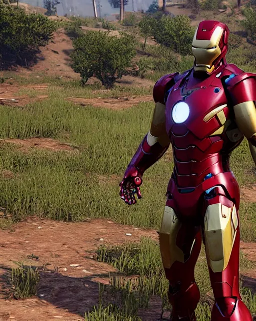 Image similar to robust and bulky iron man suit in red dead redemption 2, cinematic, photorealistic