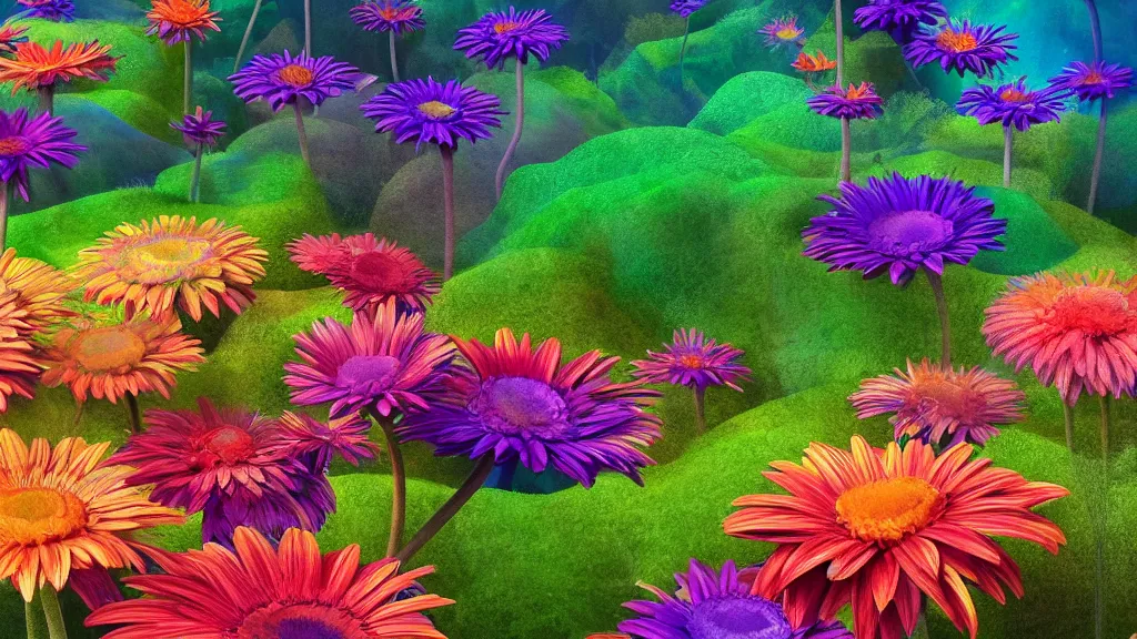 Image similar to digital illustration of a forest of giant multi - colored gerber daisy megaflowers by dr. seuss, reimagined by ilm and beeple : 1 | megaflora, spectral color, electric color, rolling hills : 0. 9 | fantasy : 0. 9 | unreal engine, deviantart, artstation, hd, 8 k resolution : 0. 8