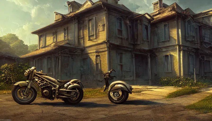 Prompt: science fiction motorcycle parked in front of a delapidated old house, medium shot, studio Ghibli, Pixar and Disney animation, sharp, very detailed, high resolution, Rendered in Unreal Engine 5, anime key art by Greg Rutkowski, Bloom, dramatic lighting