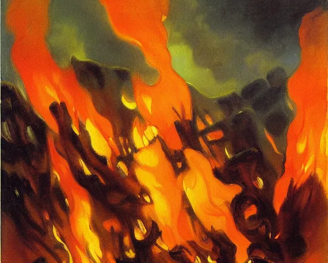 Image similar to coral reef forest fire. painting by John Singer Sargent