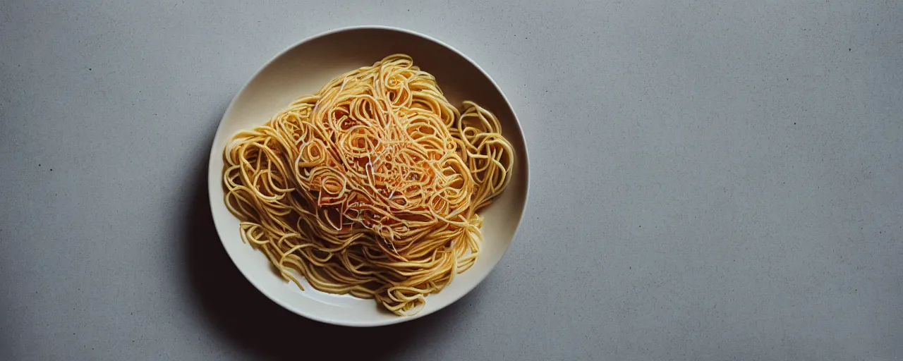 Image similar to one single bowl of spaghetti, beautifully garnished on a kitchen table, minimal, sharply focused, canon 5 0 mm, wes anderson film, kodachrome