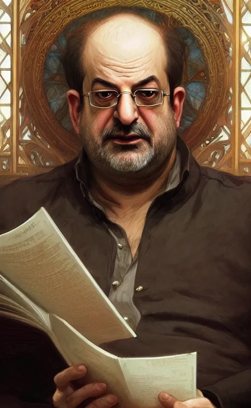 Image similar to portrait of salman rushdie reading, deep focus, d & d, fantasy, intricate, elegant, highly detailed, digital painting, artstation, concept art, matte, sharp focus, illustration, art by artgerm and greg rutkowski and alphonse mucha