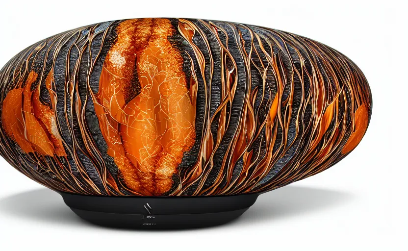 Prompt: Harman Kardon Speaker inspired by Art nouveau , fungi, fractal roots, honey, glaze, orange with teal details, designed by Antoni Gaudí, Sigma 85mm f/8 1/1000 sec shutter, high detail, Sotheby\'s