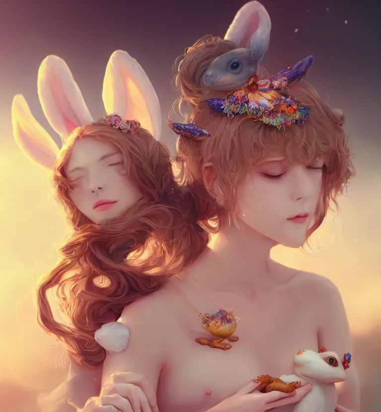 Prompt: Portrait of a cute elegant Toad with angelic white wings on her back, holding a magical rabbit, luxurious neckless, sunset, warm spring, slim face, detailed face, centered close-up, fantasy, anime, vibrant, colorful, depth of field, intricate details, trending on ArtStation, Deviantart, by WLOP