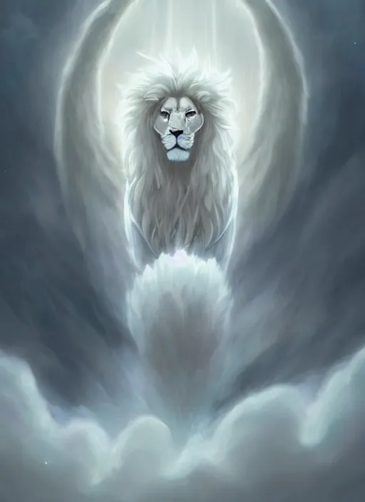 Image similar to religious portrait artwork of an albino male furry anthro lion with giant feathery glowing angel wings flying in the heavenly cloudy sky wearing a silky white cloak blowing in the wind, hazy and Atmospheric . Character design by charlie bowater, ross tran, artgerm, and makoto shinkai, detailed, inked, western comic book art, 2021 award winning film poster painting