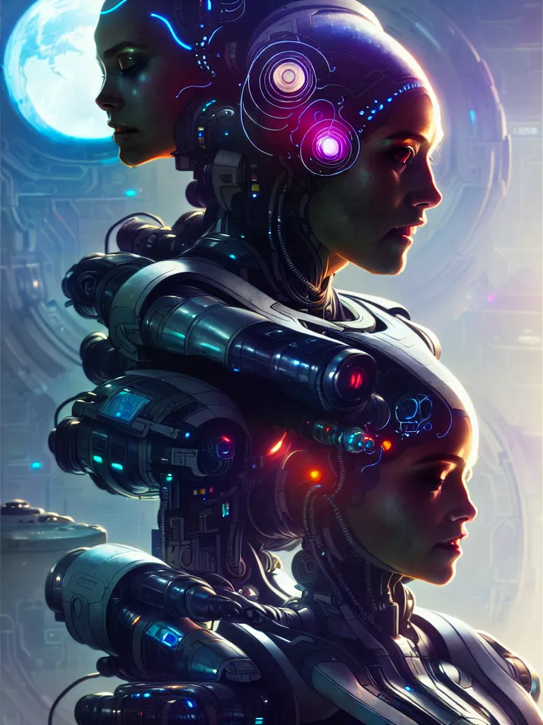 Prompt: ultra realistic, beautiful female cyborg in a space metropolis, sci-fi, cyberpunk, concept art, intricate details, eerie, highly detailed, octane render, 8k, , art by artgerm and greg rutkowski and alphonse mucha