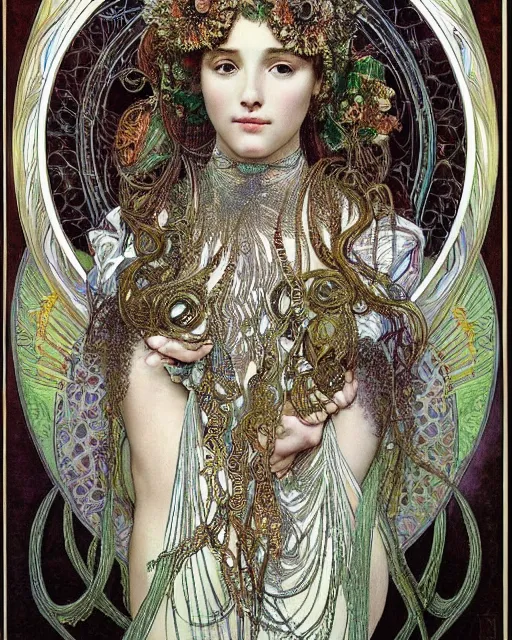 Image similar to portrait of a beatiful young goddess with intricate jellyfish headdress, dark background, intricate hyper detailed art by ernst haeckel and alphonse mucha,
