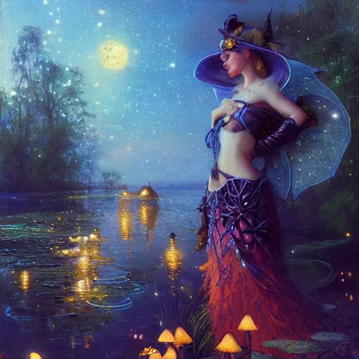 Image similar to attractive, fairy, in the night, fantasy, crescent moon in background, luminous, toadstools, fireflies, fantasy, highly detailed painting by gaston bussiere, craig mullins, j. c. leyendecker, mid shot, 8 k realistic, sharp focus