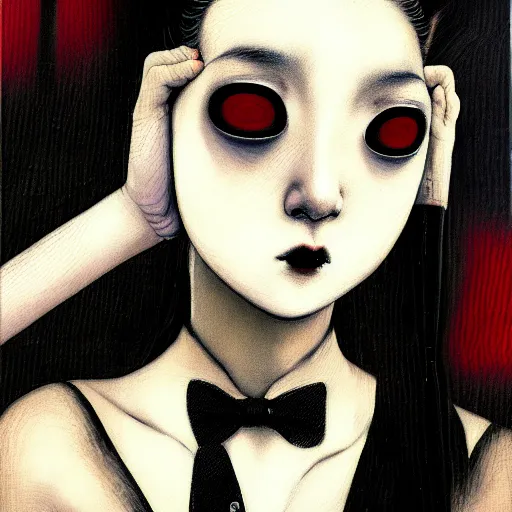 Image similar to yoshitaka amano blurred and dreamy realistic three quarter angle painting of a young woman with black lipstick and black eyes wearing dress suit with tie, junji ito abstract patterns in the background, satoshi kon anime, noisy film grain effect, highly detailed, renaissance oil painting, weird portrait angle, blurred lost edges