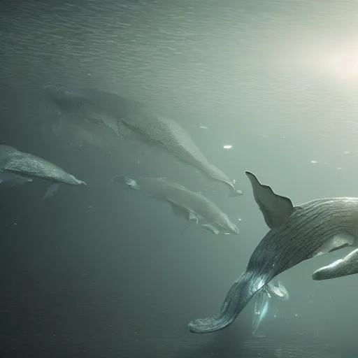 Image similar to transparent crystal whales, caustics, octane renderer, raytracing, 4 k, unreal engine, rtx, refraction, martinakis adam style of campau mike