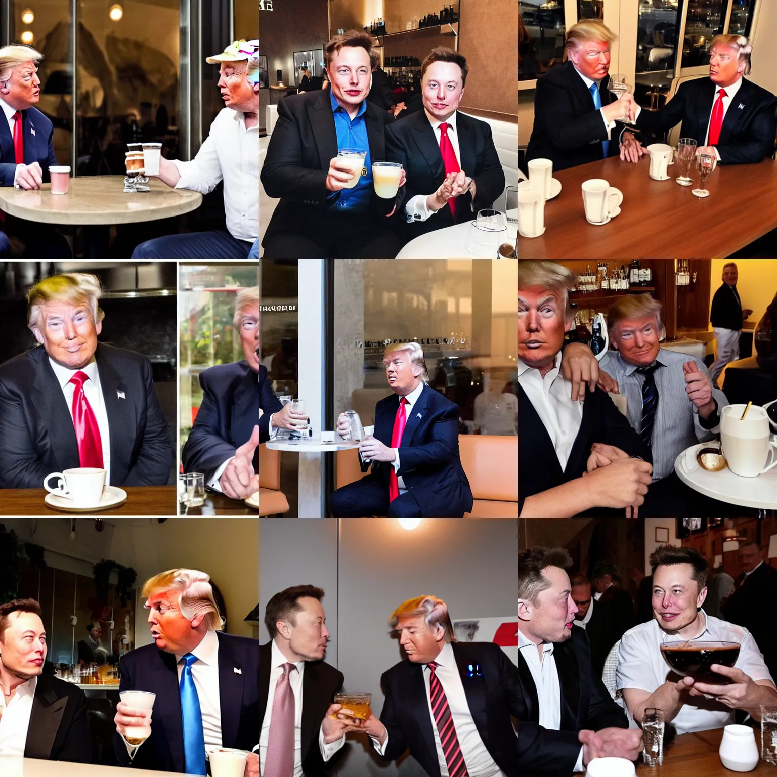 Prompt: elon musk and donald trump having a drink at a italian coffee shop, sunset