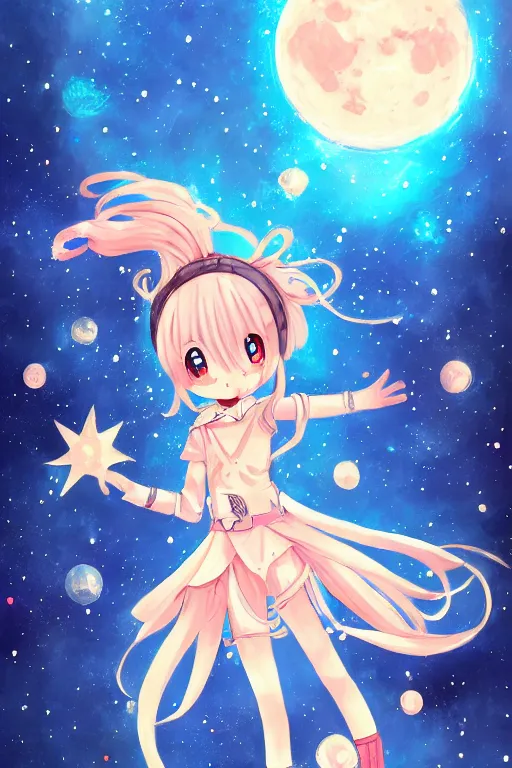 Prompt: anime girl space girl on the moon waving, cute, fantasy, intricate, elegant, highly detailed, digital painting, 4k, HDR, concept art, smooth, sharp focus, illustration, art by Serafleur