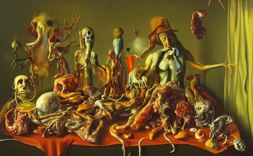 Image similar to strange full body, disturbing colorful oil painting dutch golden age vanitas still life sparse composition with bizarre objects strange gooey transparent surfaces shiny metal reflections bizarre mutant meat insects rachel ruysch dali todd schorr very detailed perfect composition rule of thirds masterpiece canon 5 0 mm, cinematic lighting, photography, retro, film, kodachrome