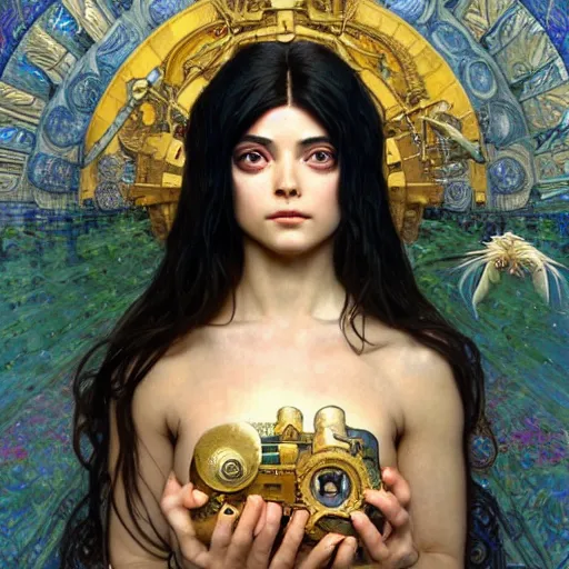 Image similar to Masterpiece portrait of battle angel Alita drawn by Donato Giancola and Tom Bagshaw, face by Artgerm and Edmund Leighton, Alphonse Mucha, background by James Jean and Gustav Klimt, 4k, posthuman, robotic body, porcelain skin, komorebi, french nouveau, trending on pixiv, octane render, hyperrealistic