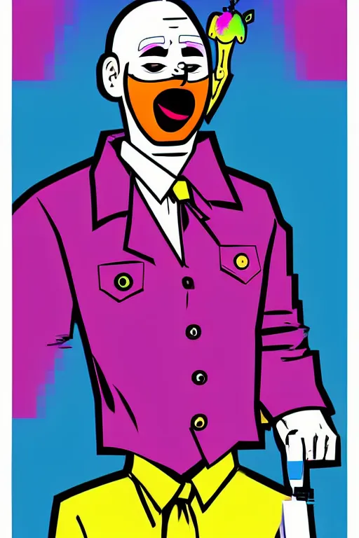 Image similar to display twitter guy wearing an blouses with clown mask. pop art, gta vice city art style, pixel art, face and body features details, ultra realistic details, digital art, concept art, casual art, sharp focus, illustration, intecrate details, elegant, confident posse, art by mark millar and richard hamilton and mimmo rottela